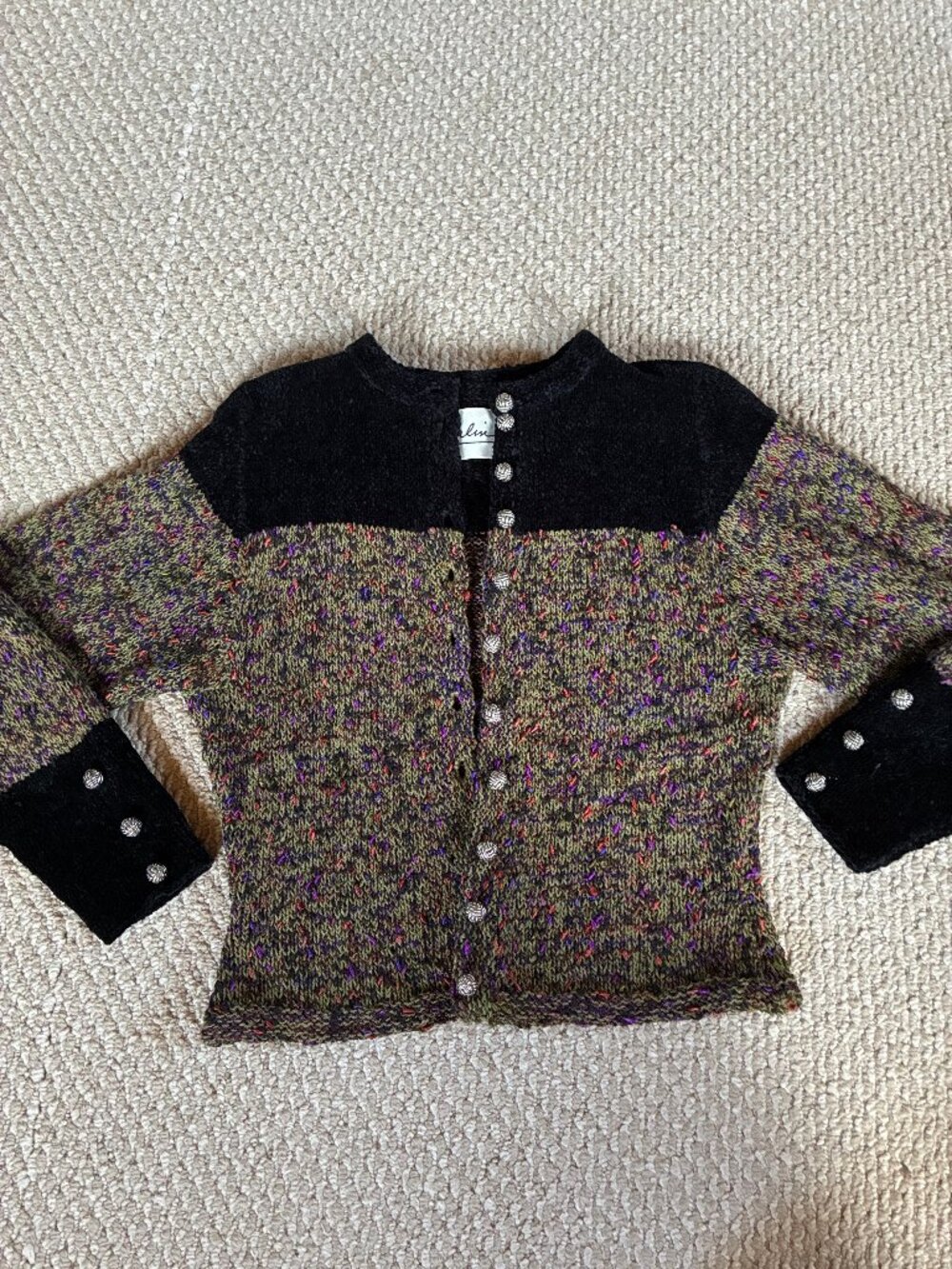 Vintage Arlin Cardigan Multicolor Black Chenille Knit with Skein Buttons XS
